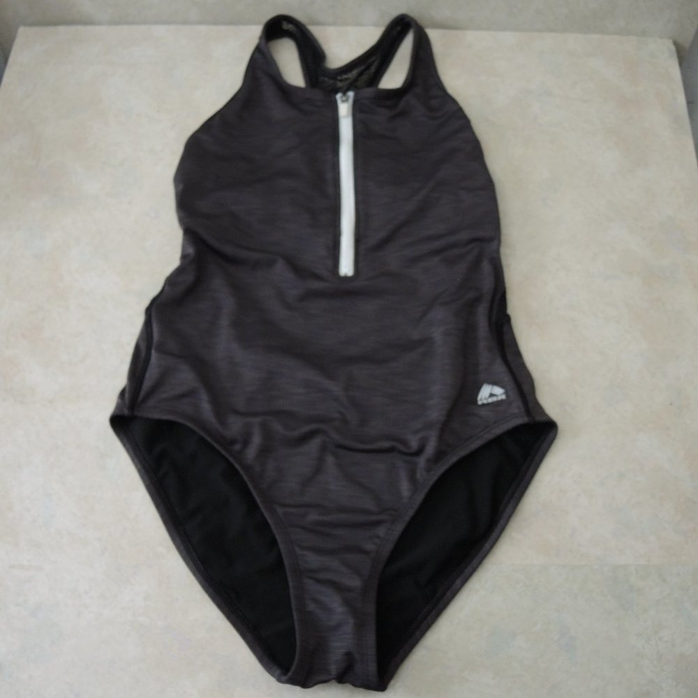 RBX One Piece Racerback Swimsuit Charcoal Gray Black Zip Front Size Large